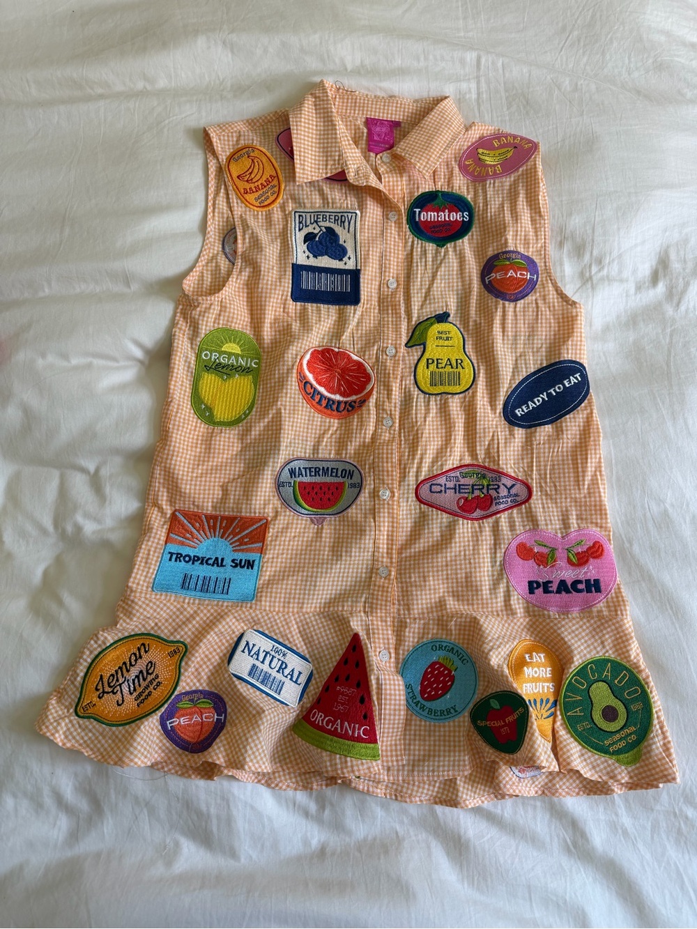 QUEEN OF SPARKLES Peach Gingham Tank Top with Fruit Patches